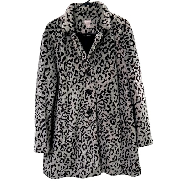 CHICO’S Gray Black Faux Fur Animal Print Washable Coat Jacket 3 US XL 16 18 - Picture 1 of 6
